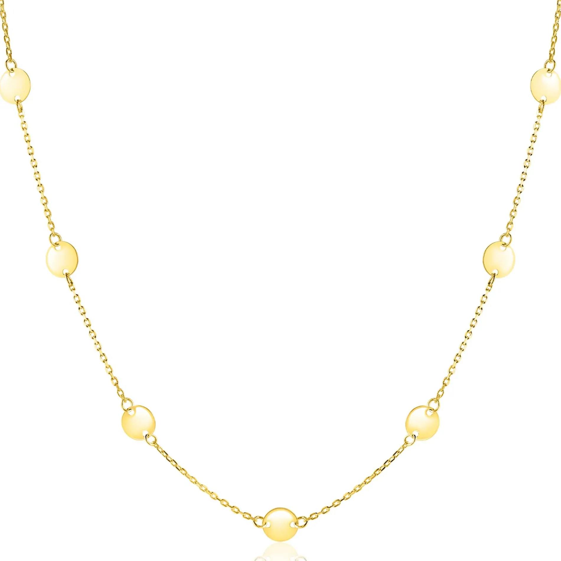 ZINZI Gold 14 krt gouden ketting met subtiele jasseron schakels en negen ronde gladde plaatjes 5mm breed 42-45cm ZGC503