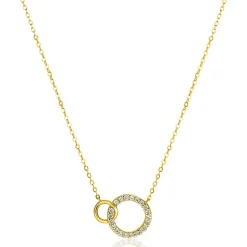ZINZI Gold 14 krt gouden ketting met twee open rondjes, mooi met elkaar verbonden. Het groter rondje (11mm) is bezet met witte zirconia's 40-43cm ZGC460