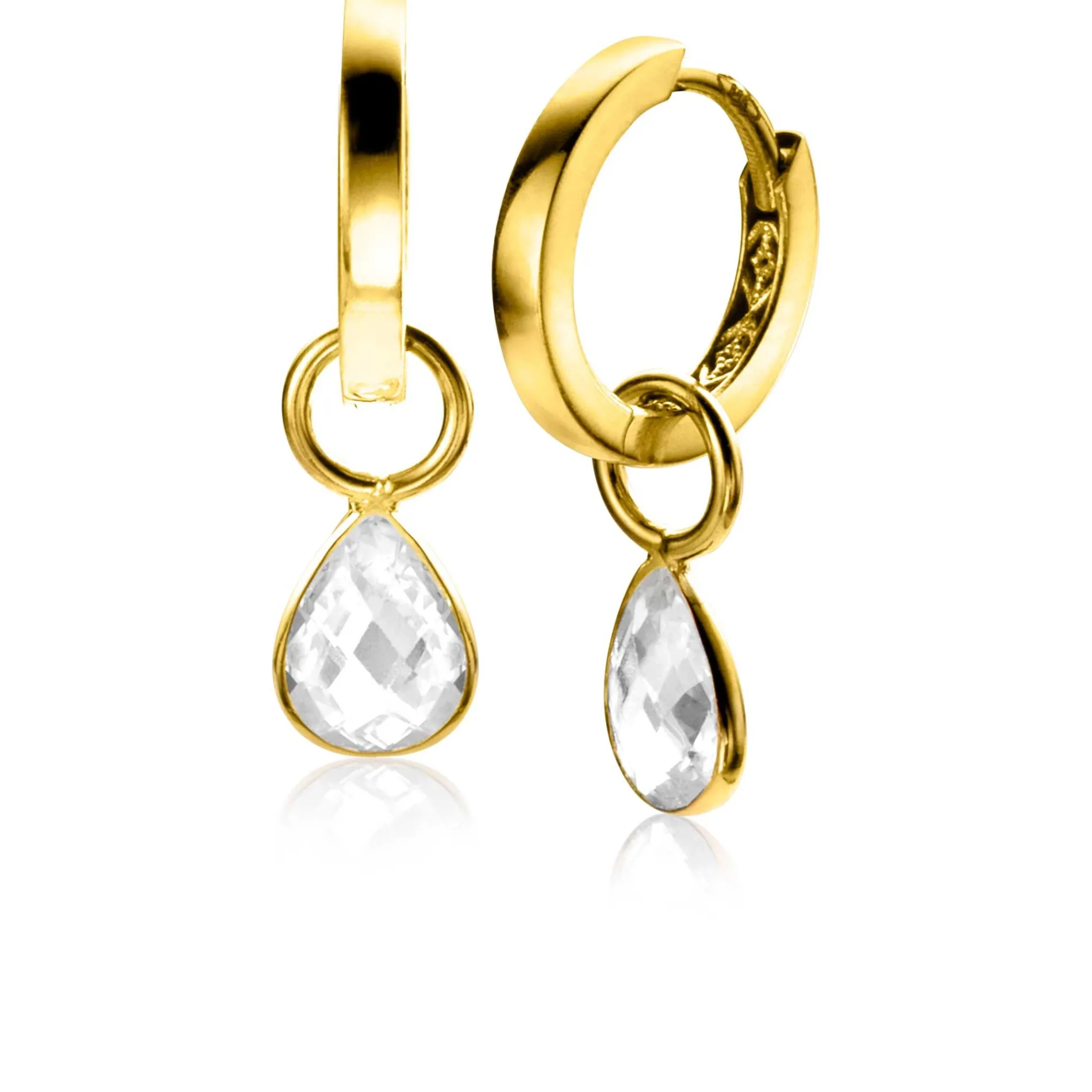 ZINZI Gold 14 krt gouden oorbedels in peervorm bezet met witte zirconia 7mm ZGCH390 (zonder oorringen)