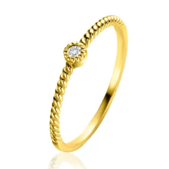 ZINZI Gold 14 krt gouden ring met gedraaide scheen en bezet met een ronde witte zirconia in bolletjes zetting van 3mm ZGR481