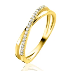ZINZI Gold 14 krt gouden ring met cross-over design: glad en bezet met witte zirconia's ZGR469