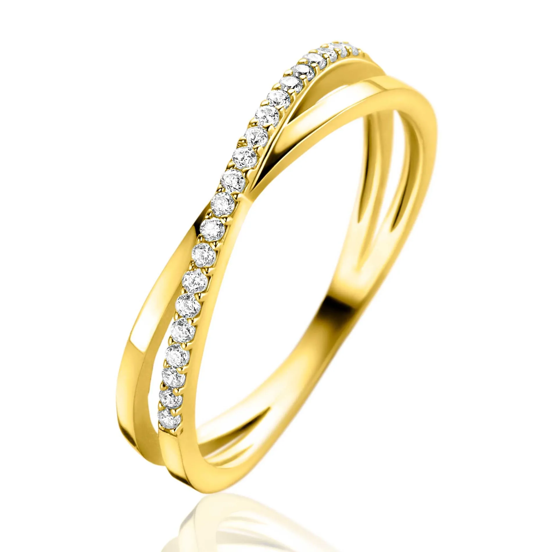 ZINZI Gold 14 krt gouden ring met cross-over design: glad en bezet met witte zirconia's ZGR469
