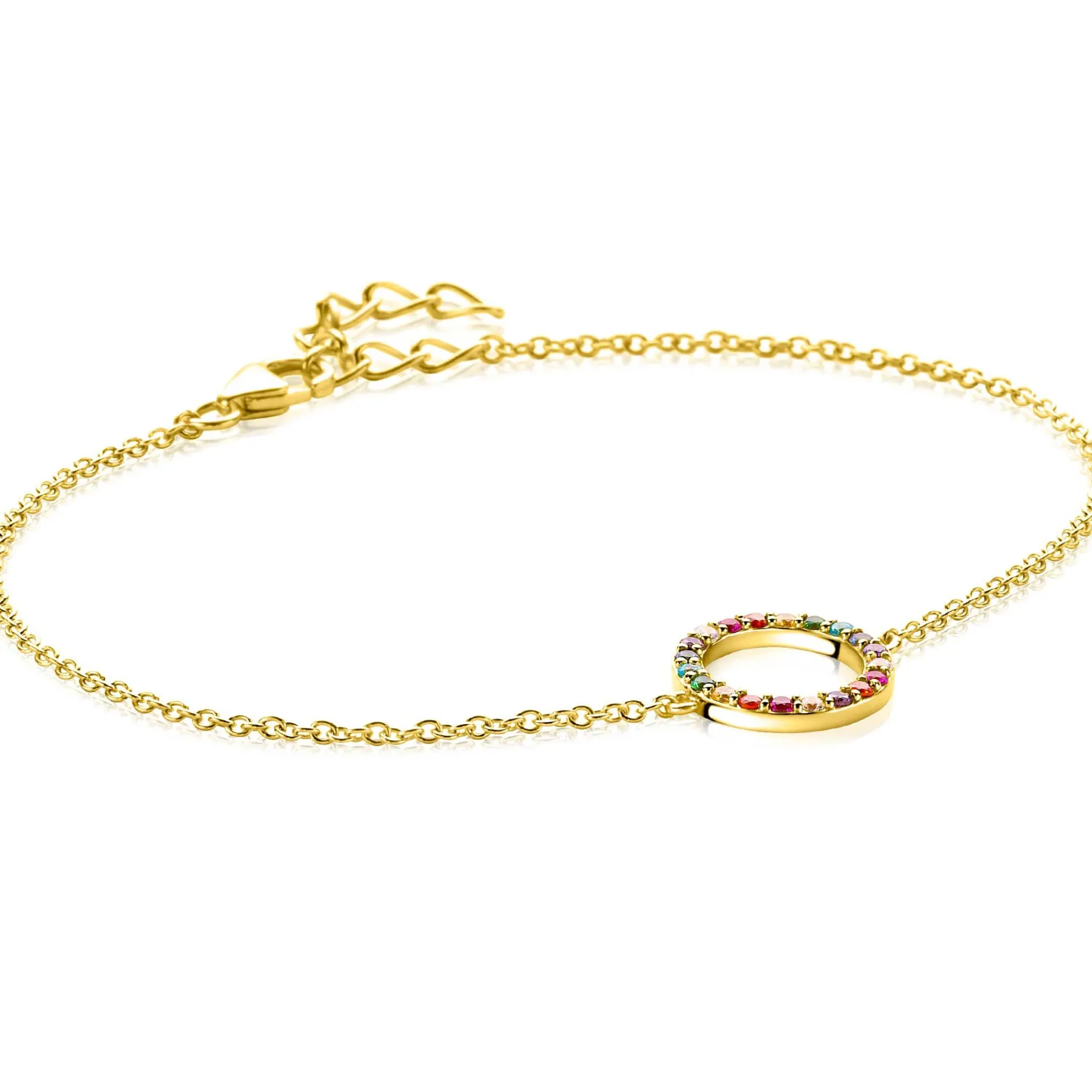 ZINZI gold plated zilveren armband met open rondje 12mm bezet regenboog 17-20cm ZIA2170
