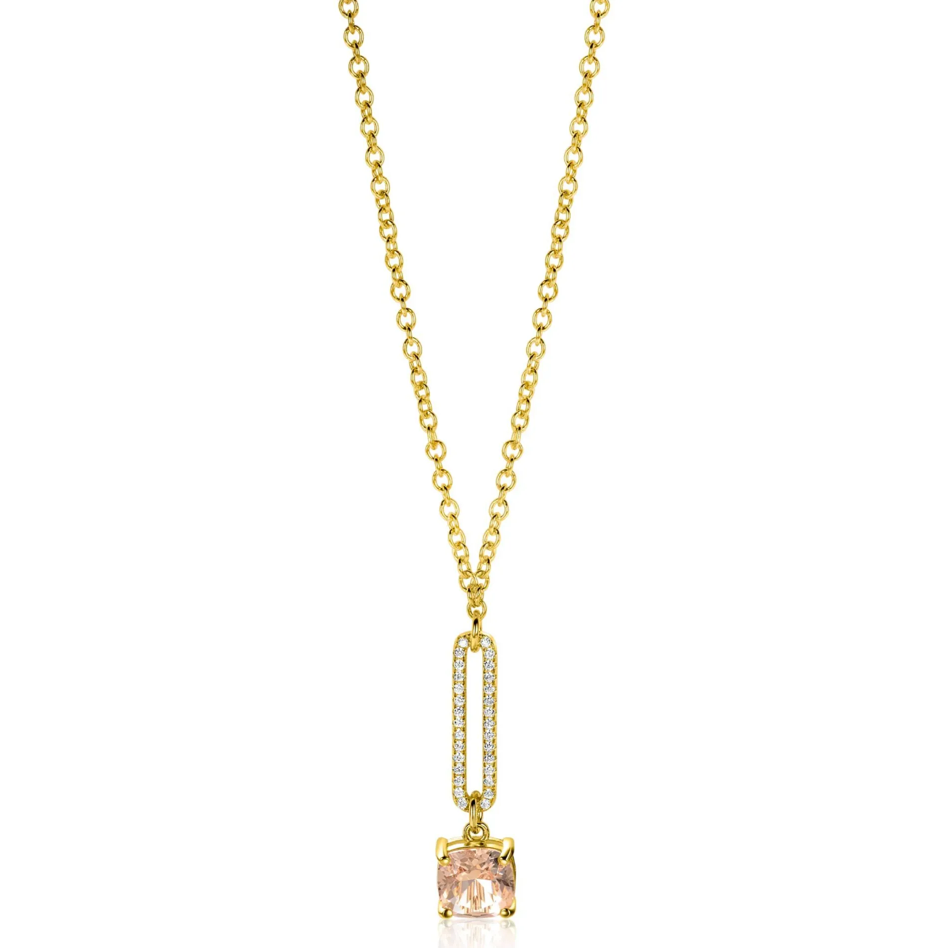 ZINZI gold plated zilveren jasseron ketting met schitterende open ovale vorm en vierkante hanger in licht roze 42-45cm ZIC2579