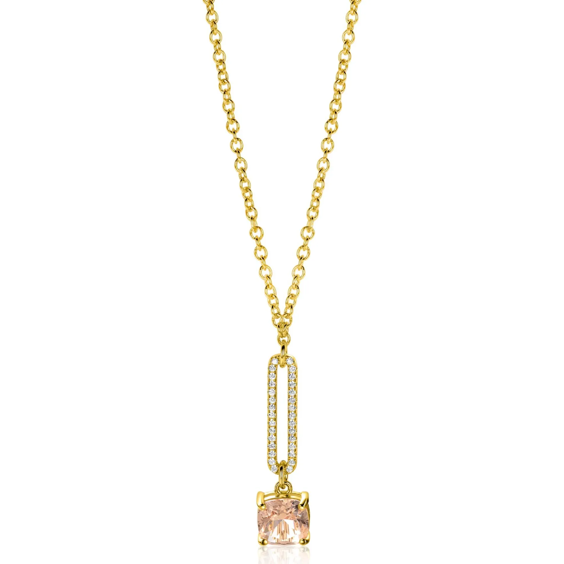 ZINZI gold plated zilveren jasseron ketting met schitterende open ovale vorm en vierkante hanger in licht roze 42-45cm ZIC2579