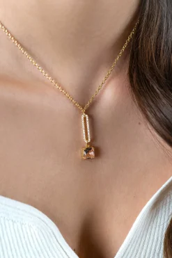 ZINZI gold plated zilveren jasseron ketting met schitterende open ovale vorm en vierkante hanger in licht roze 42-45cm ZIC2579