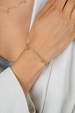 ZINZI gold plated zilveren schakel armband 9mm breed met witte zirkonia's en gladde bolletjes 17-19cm ZIA2658