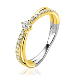 ZINZI gold plated zilveren cross-over ring, bezet met witte zirkonia’s ZIR2725Y
