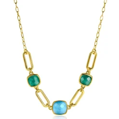 ZINZI gold plated zilveren collier met paperclip schakels en groen turquoise kleurstenen ZIC2332