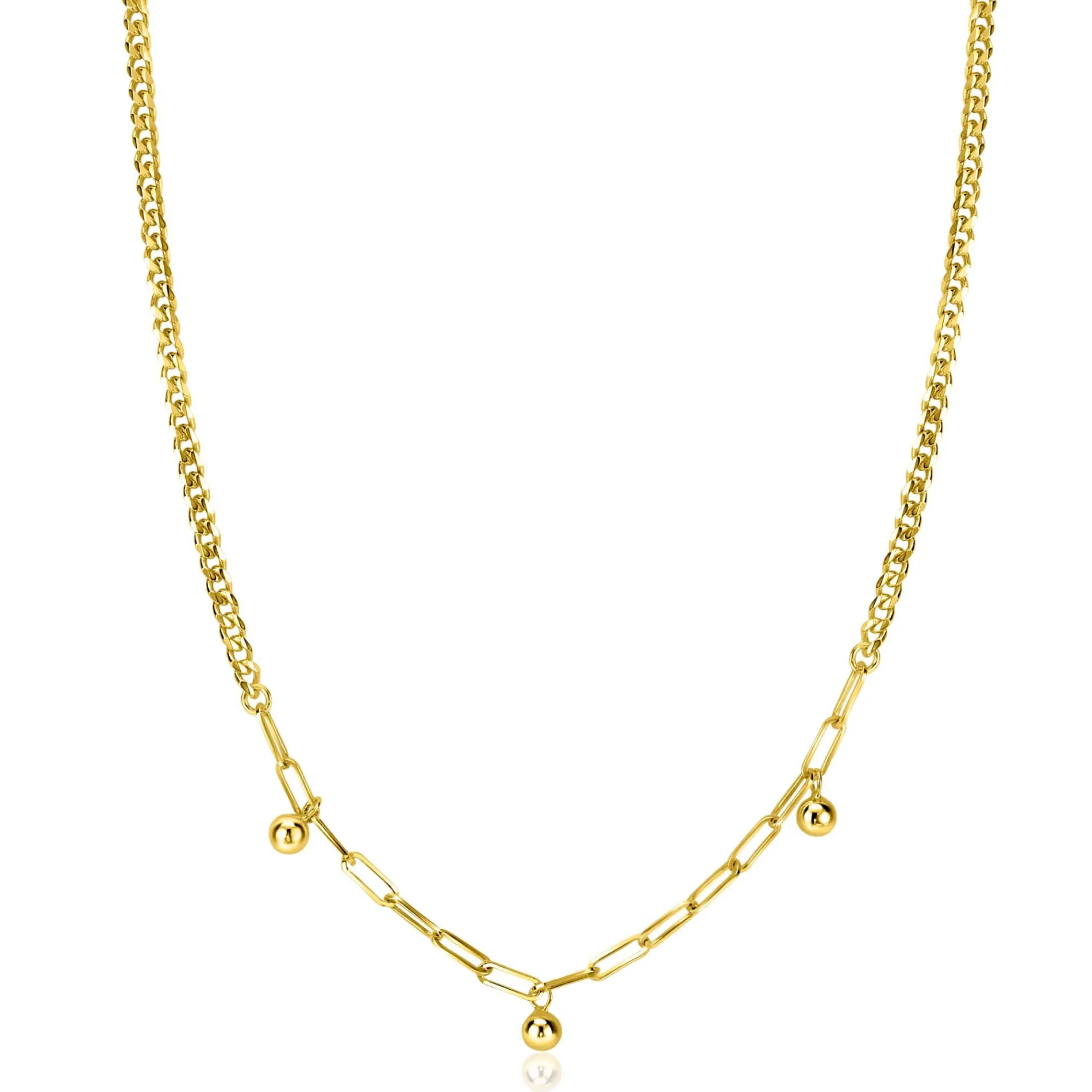 ZINZI gold plated zilveren schakelketting met gourmet en paperclip schakels en bolletjes 40-45cm ZIC2521G