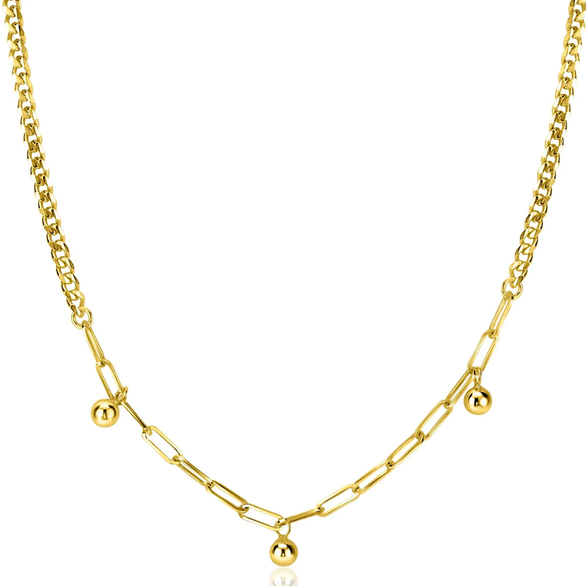 ZINZI gold plated zilveren schakelketting met gourmet en paperclip schakels en bolletjes 40-45cm ZIC2521G