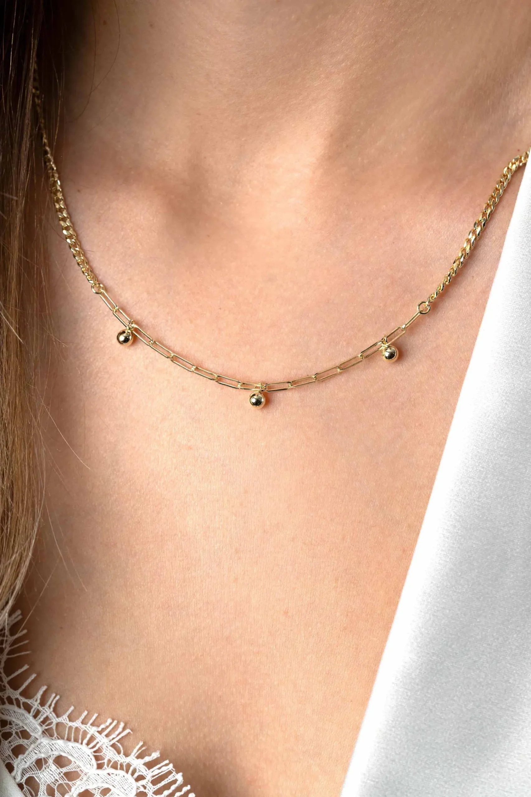 ZINZI gold plated zilveren schakelketting met gourmet en paperclip schakels en bolletjes 40-45cm ZIC2521G