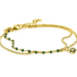 ZINZI gold plated zilveren multilook armband met gourmet en groene bolletjes schakels, ronde zetting met olijfgroene kleursteen 16,5-19,5cm ZIA2528G