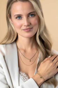 ZINZI gold plated zilveren multilook armband met gourmet en groene bolletjes schakels, ronde zetting met olijfgroene kleursteen 16,5-19,5cm ZIA2528G