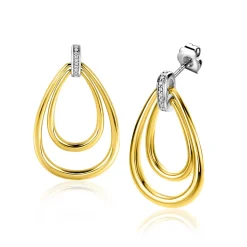 ZINZI gold plated zilveren grote ovale oorstekers 28mm waarbij de top bezet is met witte zirconia's ZIO2489Y