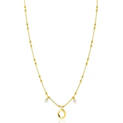 ZINZI gold plated zilveren fantasie ketting met kleine bolletjes, twee bungelende witte pareltjes en organische open vorm in het midden 42-45cm ZIC2405