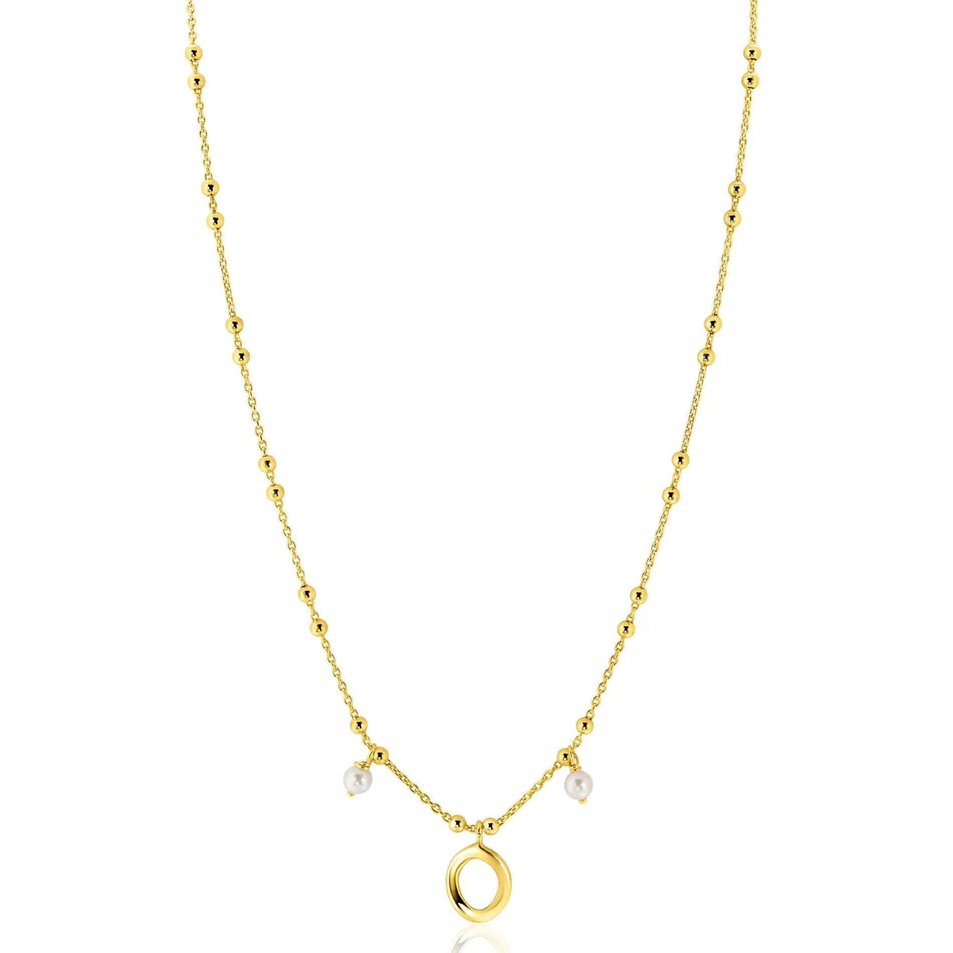 ZINZI gold plated zilveren fantasie ketting met kleine bolletjes, twee bungelende witte pareltjes en organische open vorm in het midden 42-45cm ZIC2405