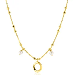 ZINZI gold plated zilveren fantasie ketting met kleine bolletjes, twee bungelende witte pareltjes en organische open vorm in het midden 42-45cm ZIC2405