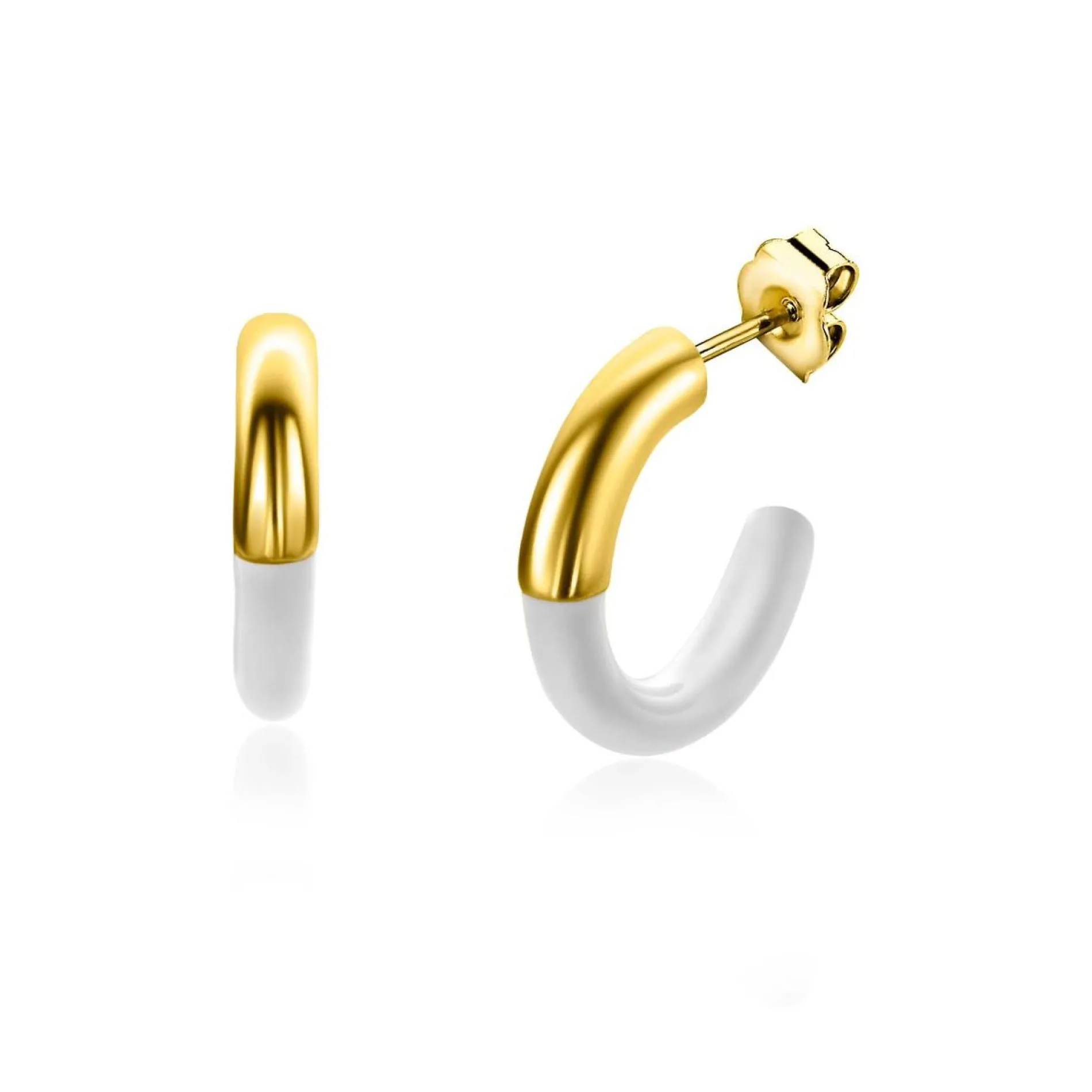 ZINZI gold plated zilveren trendy oorsieraden 16mm half emaille wit ZIO2315W
