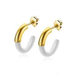 ZINZI gold plated zilveren trendy oorsieraden 16mm half emaille wit ZIO2315W