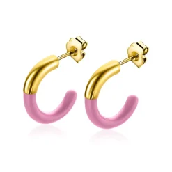 ZINZI gold plated zilveren trendy oorsieraden 16mm half emaille roze ZIO2315R