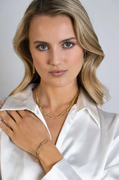 ZINZI gold plated zilveren ketting 45cm met vier grote ovale schakels en gourmet schakels ZIC2382