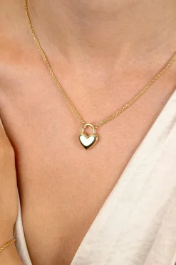 ZINZI gold plated zilvereren schakelketting met hartvormige slot hanger 18mm breed 42-45 cm ZIC2673G