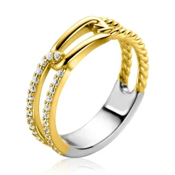 ZINZI gold plated zilveren luxe ring 5mm breed met drie paperclip schakels, glad bewerkt witte zirconia's ZIR2330Y