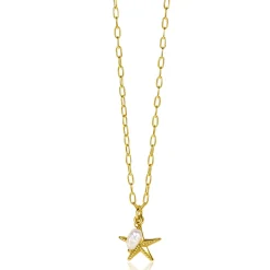 ZINZI gold plated zilveren ketting met paperclip-schakels en grote zeester hanger met ovale witte zoetwaterparel 40-45cm ZIC2641