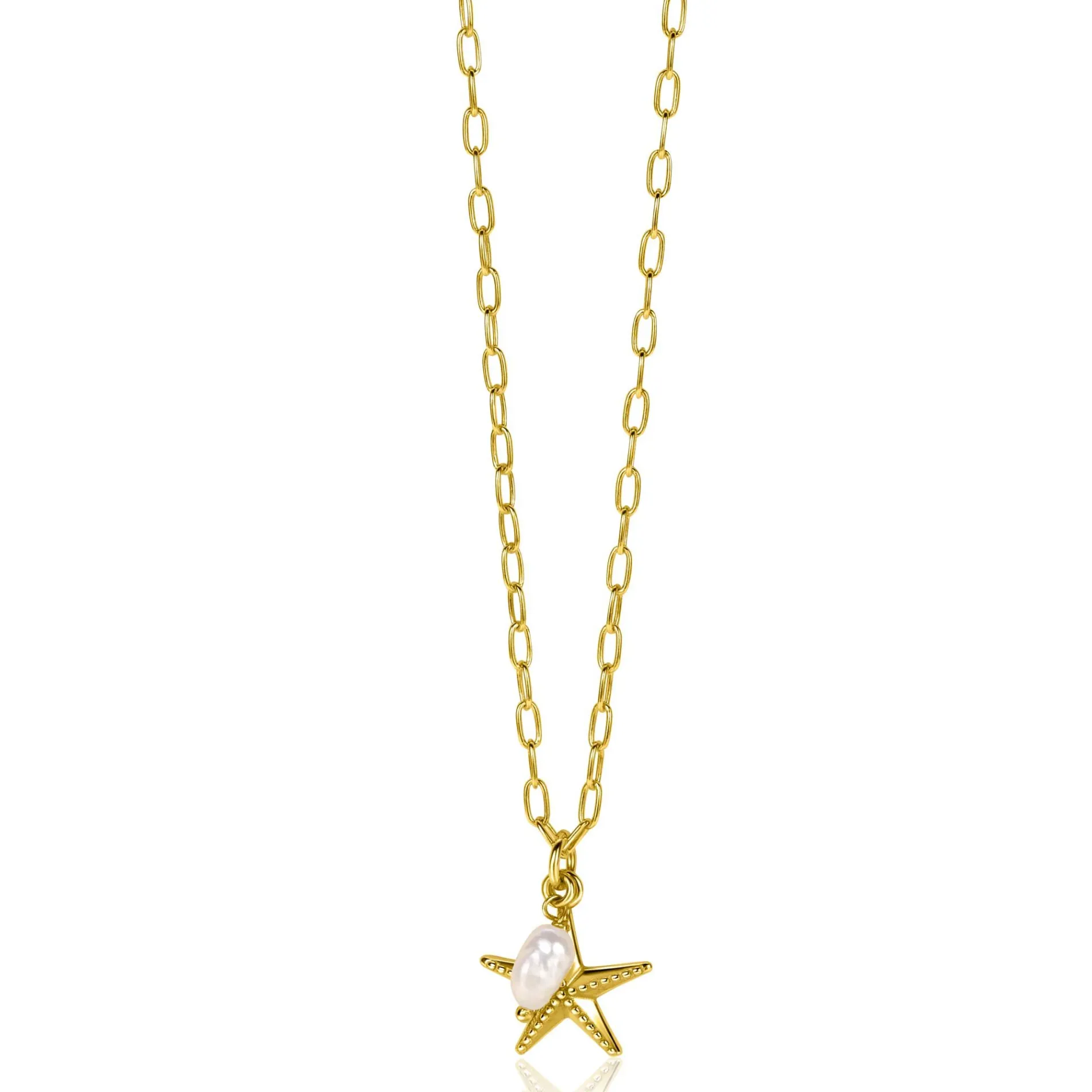ZINZI gold plated zilveren ketting met paperclip-schakels en grote zeester hanger met ovale witte zoetwaterparel 40-45cm ZIC2641