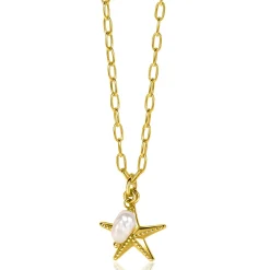 ZINZI gold plated zilveren ketting met paperclip-schakels en grote zeester hanger met ovale witte zoetwaterparel 40-45cm ZIC2641