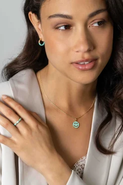ZINZI gold plated zilveren hanger smiley rond 15mm met turquoise emaille ZIH2312T (zonder collier)