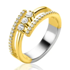 ZINZI gold plated zilveren multi-look ring (8mm breed) met 3 rijen, bezet met witte zirconia's ZIR2645Y