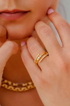 ZINZI gold plated zilveren multi-look ring (8mm breed) met 3 rijen, bezet met witte zirconia's ZIR2645Y