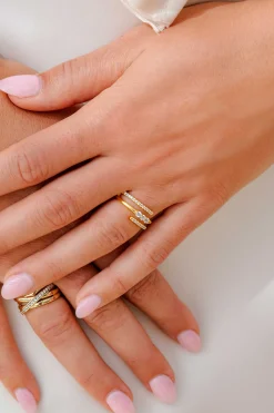 ZINZI gold plated zilveren multi-look ring (8mm breed) met 3 rijen, bezet met witte zirconia's ZIR2645Y