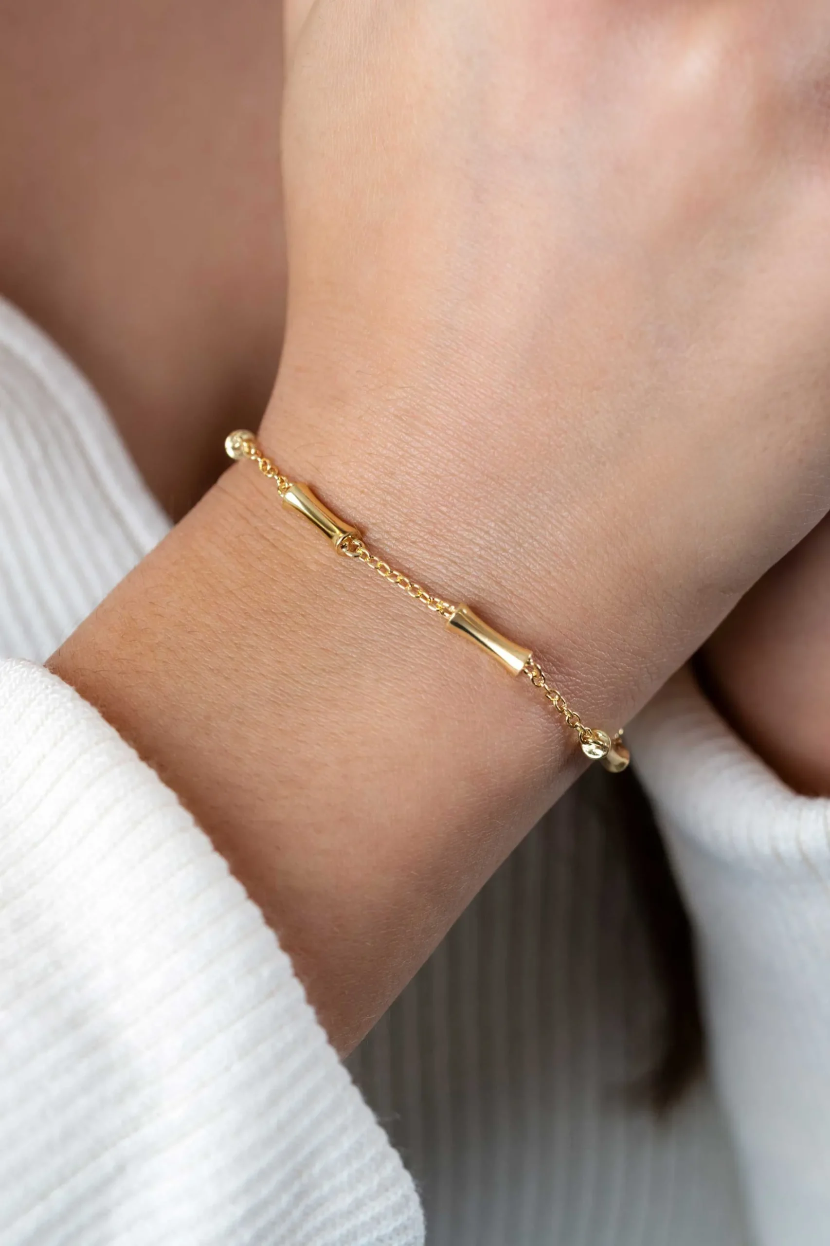 ZINZI gold plated zilveren schakel armband met vijf gladde bamboe vormen 17-20cm ZIA2577G