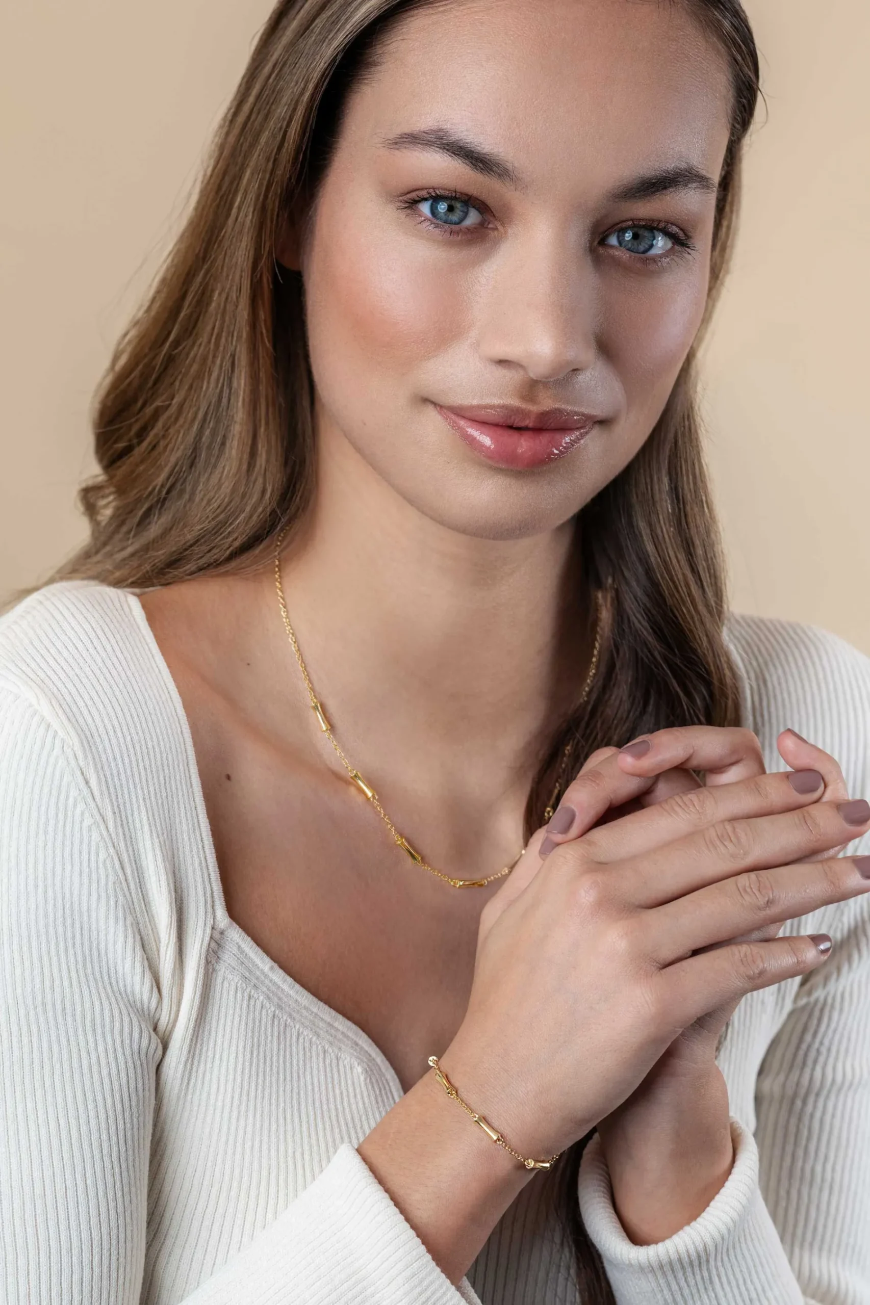 ZINZI gold plated zilveren schakel armband met vijf gladde bamboe vormen 17-20cm ZIA2577G