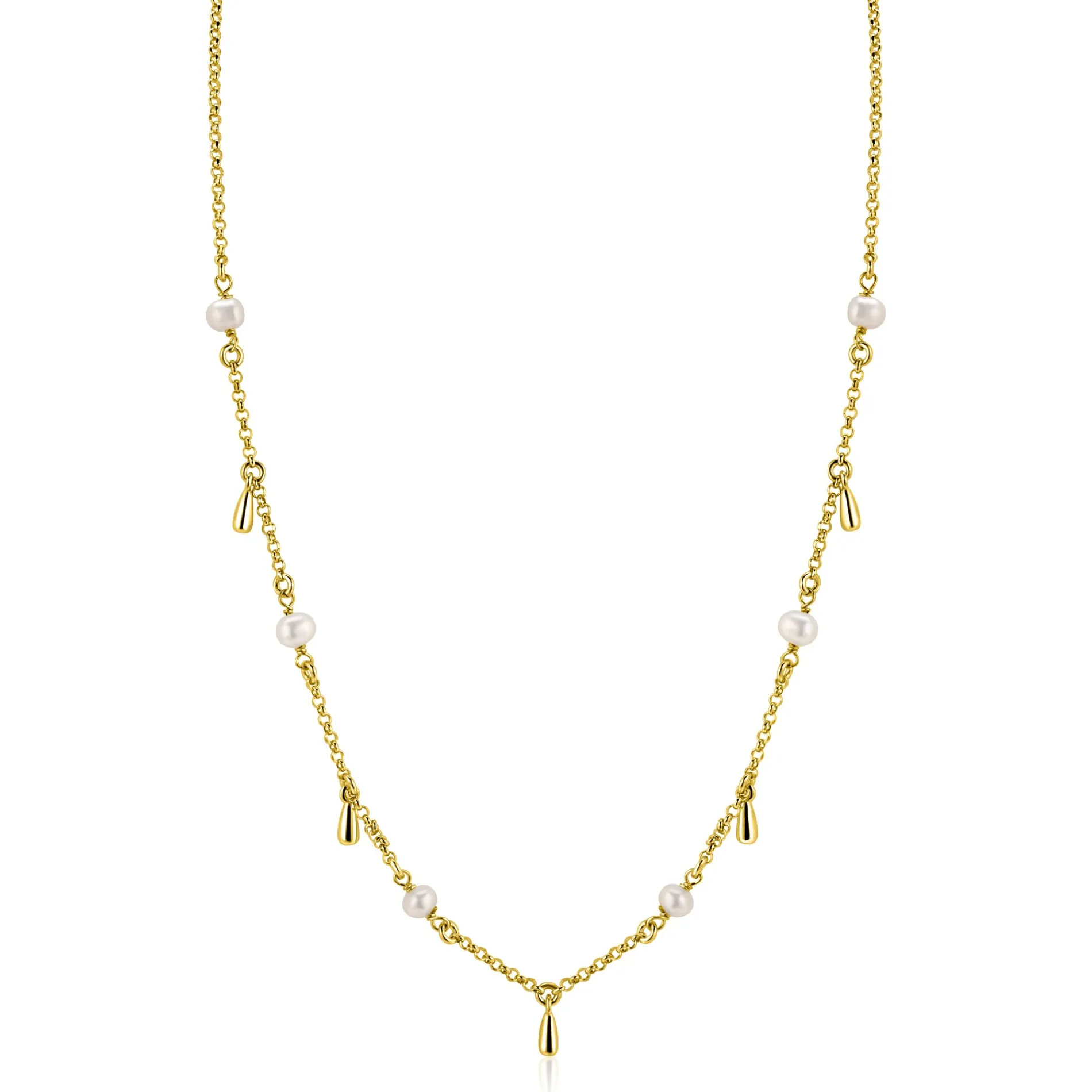 ZINZI gold plated zilveren ketting met witte zoetwaterparels en druppeltjes 42-45cm ZIC2753
