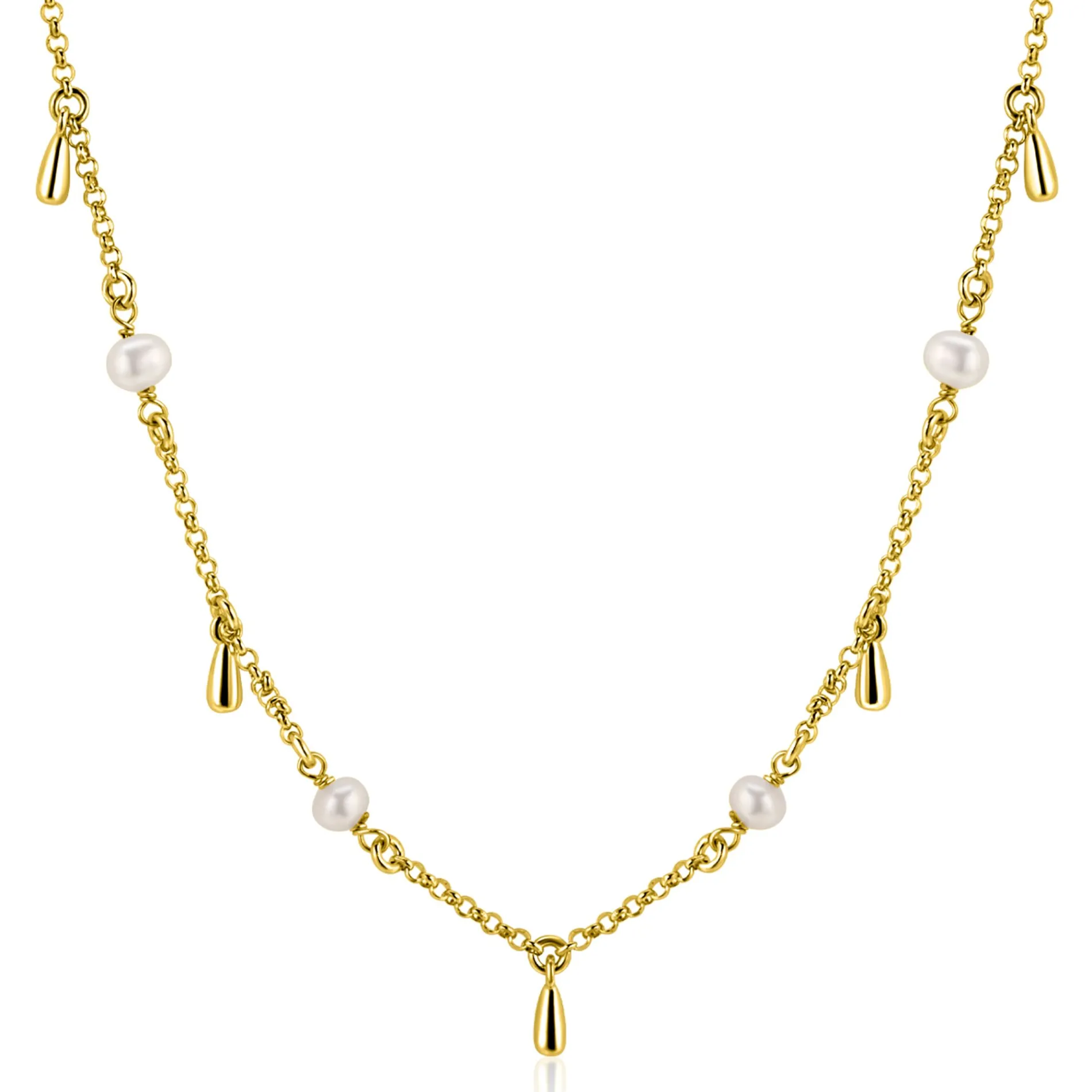 ZINZI gold plated zilveren ketting met witte zoetwaterparels en druppeltjes 42-45cm ZIC2753