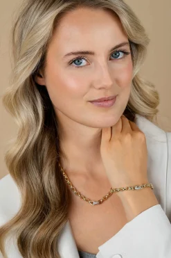 ZINZI gold plated zilveren schakel armband met een ronde schakel bezet met witte zirkonia's 6mm breed 19cm ZIA2664