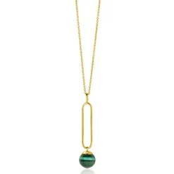 ZINZI gold plated zilveren ketting met lange ovale hanger en bungelende groene cateye in bolvorm 40-45cm ZIC2420