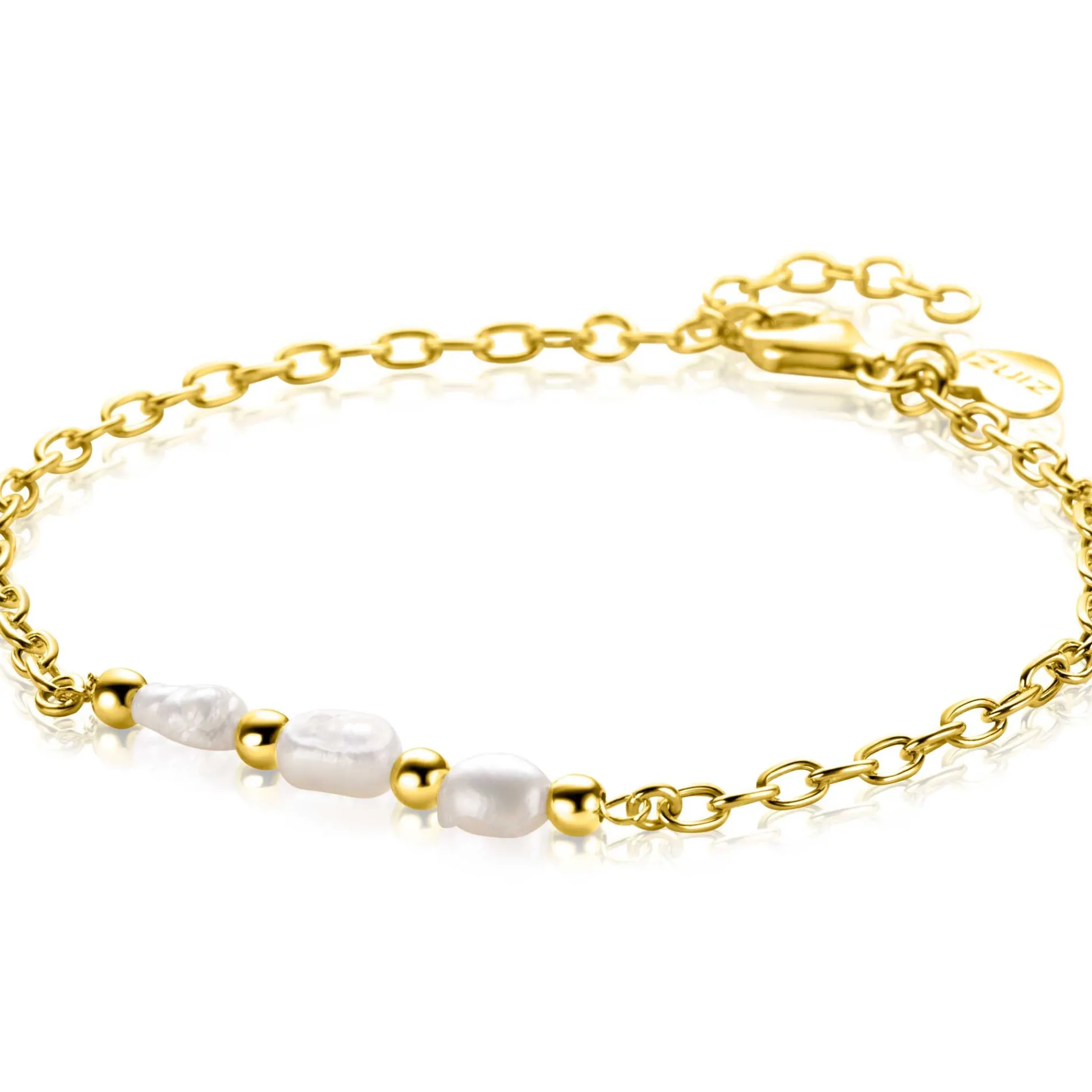 ZINZI gold plated zilveren schakelarmband met drie witte natuurlijk gevormde zoetwaterparels in het midden 17-19cm ZIA2643