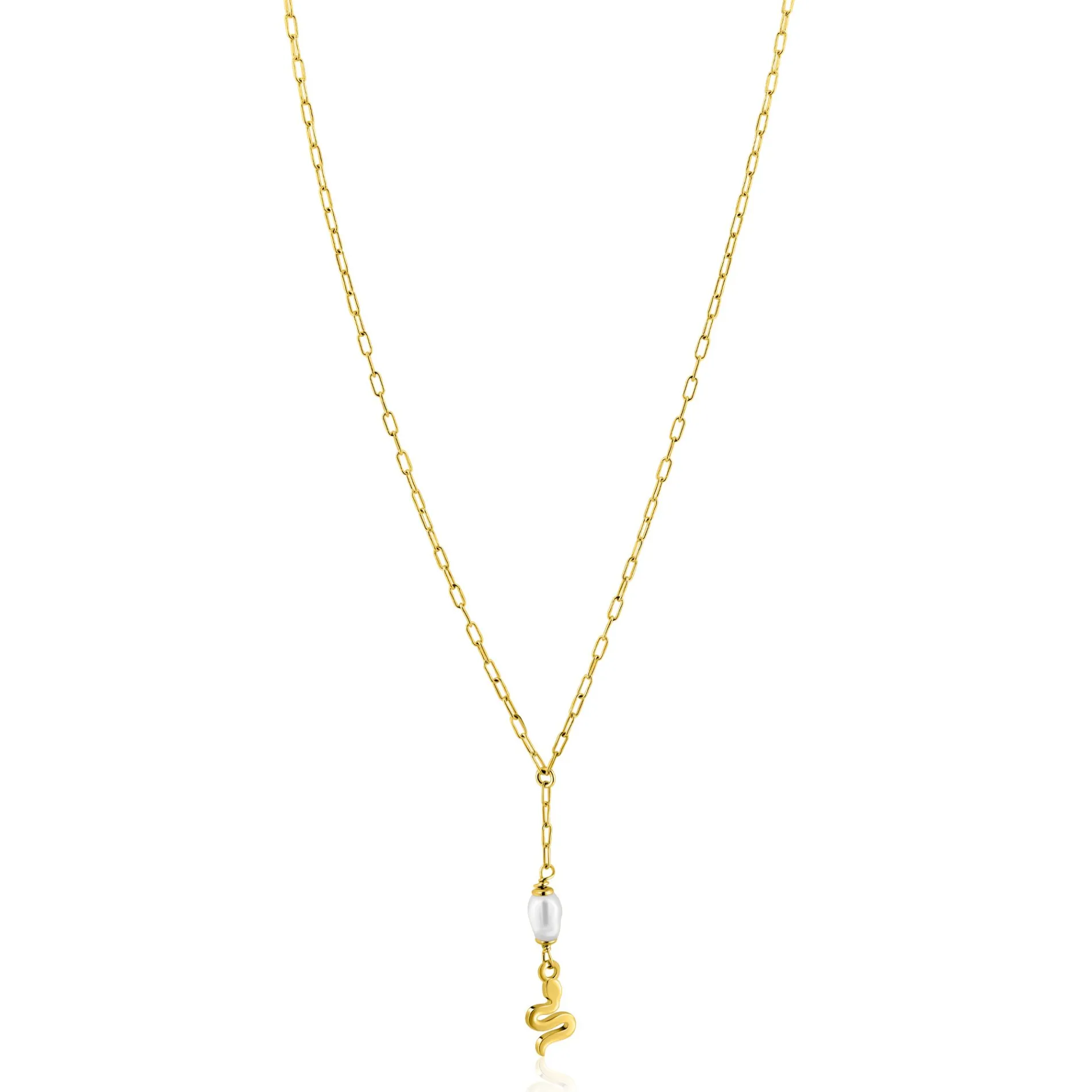ZINZI gold plated zilveren paperclip Y-collier met witte zoetwaterparel en slang ZIC2761