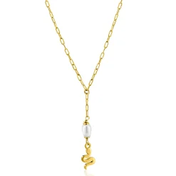 ZINZI gold plated zilveren paperclip Y-collier met witte zoetwaterparel en slang ZIC2761