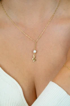 ZINZI gold plated zilveren paperclip Y-collier met witte zoetwaterparel en slang ZIC2761