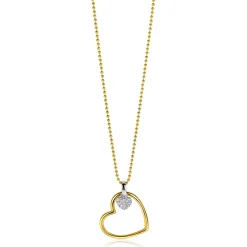 ZINZI gold plated zilveren bolletjes ketting met grote open hart hanger 20mm en bungelend luxe hartje 45-48cm ZIC2621