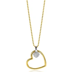 ZINZI gold plated zilveren bolletjes ketting met grote open hart hanger 20mm en bungelend luxe hartje 45-48cm ZIC2621