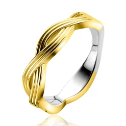 ZINZI gold plated zilveren ring (5mm breed) met een gevlochten Infinity teken in lijnen motief ZIR2684