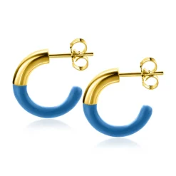 ZINZI gold plated zilveren trendy oorsieraden 16mm half emaille blauw ZIO2315B