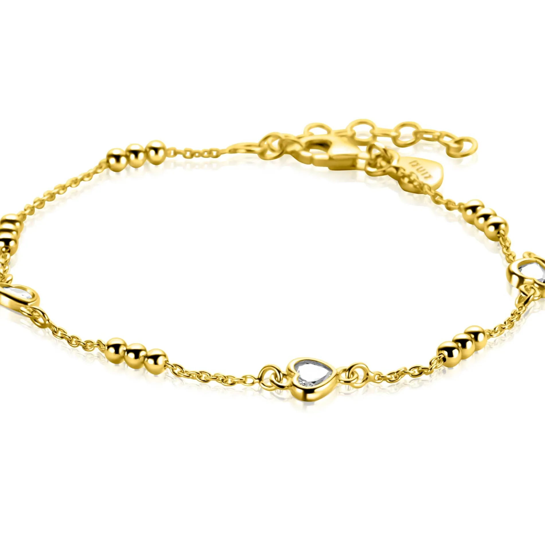 ZINZI gold plated zilveren schakelarmband met trio-bolletjes en drie hartvormige zirkonia's 17-20cm ZIA2679